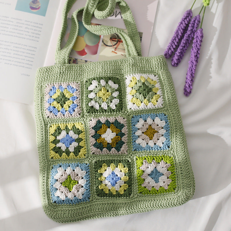 Hand-Woven Check Shoulder Bag Green Flower Stitching Tote