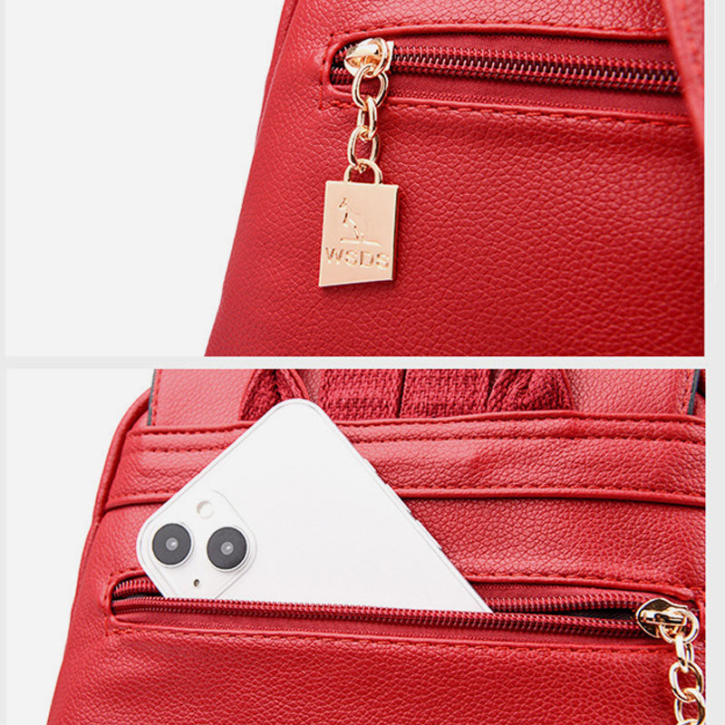 Leather Backpack For Women Short Travel Simple Solid Color Daypack