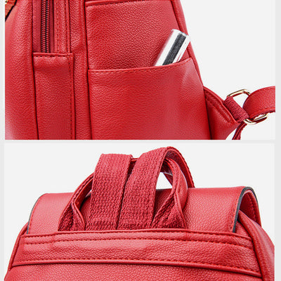 Leather Backpack For Women Short Travel Simple Solid Color Daypack