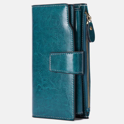 RFID Blocking Long Wallet Oil Wax Leather Phone Purse with Zipper Pocket - DarkCyan - image 1