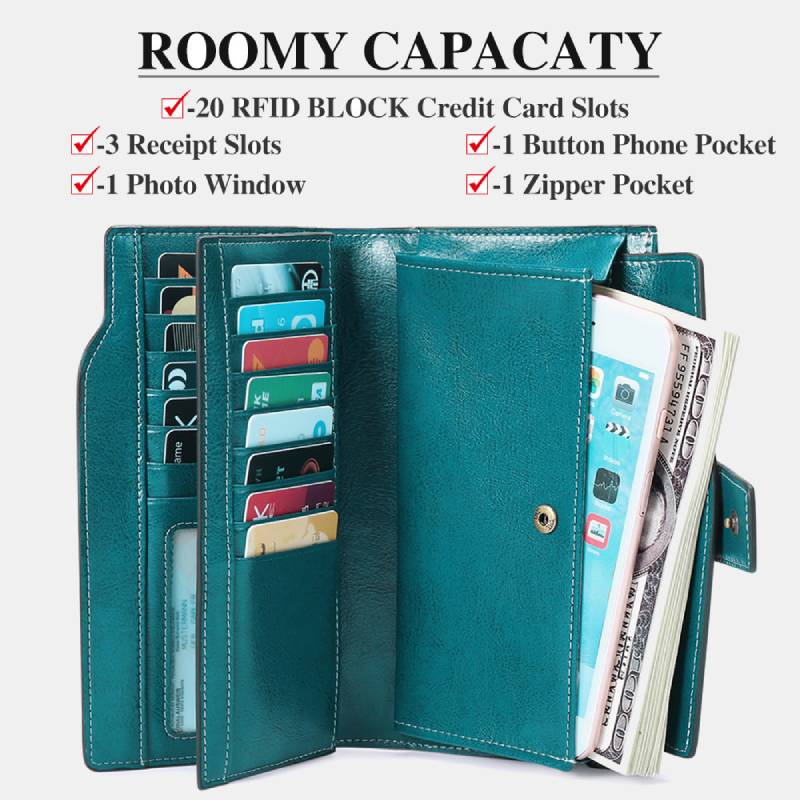 RFID Blocking Long Wallet Oil Wax Leather Phone Purse with Zipper Pocket - image 12