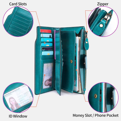RFID Blocking Long Wallet Oil Wax Leather Phone Purse with Zipper Pocket - image 3