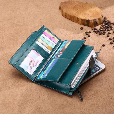 RFID Blocking Long Wallet Oil Wax Leather Phone Purse with Zipper Pocket - image 8