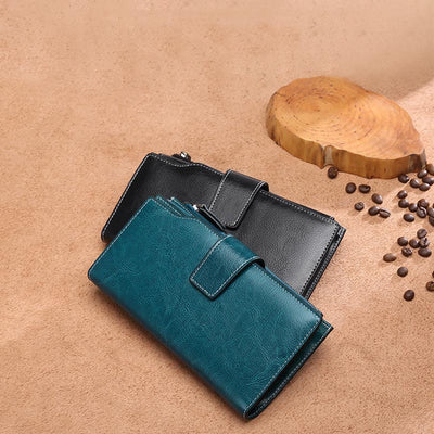 RFID Blocking Long Wallet Oil Wax Leather Phone Purse with Zipper Pocket - image 5