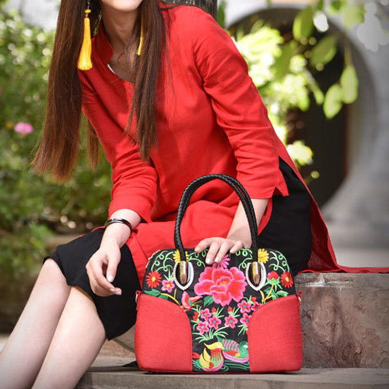 Floral Embroideried Canvas Tote For Women Vintage Crossbody Handbag