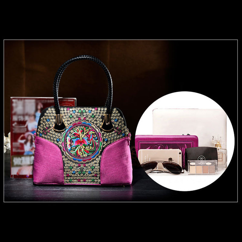 Floral Embroideried Canvas Tote For Women Vintage Crossbody Handbag
