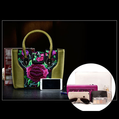 Embroideried Random Floral Tote For Women Elegant Canvas Crossbody Handbag