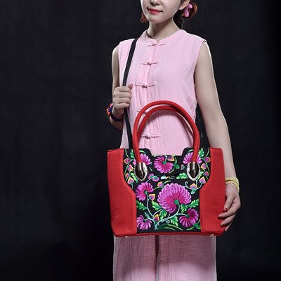 Embroideried Random Floral Tote For Women Elegant Canvas Crossbody Handbag