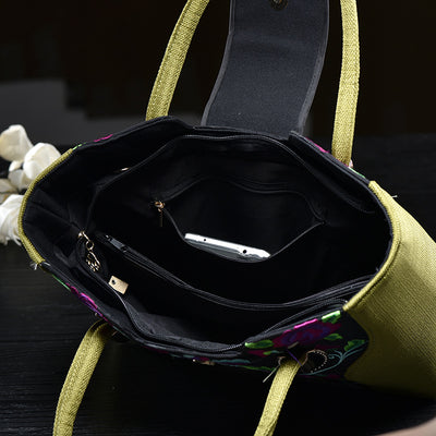 Embroideried Random Floral Tote For Women Elegant Canvas Crossbody Handbag