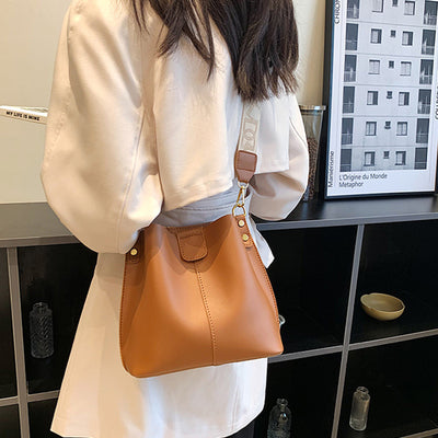 Vegan Leather Bucket Purse Wide Strap Crossbody Bag For Women