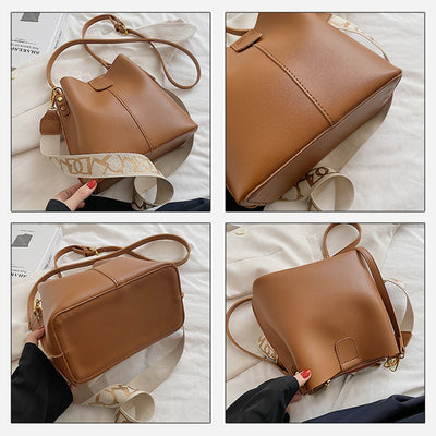 Vegan Leather Bucket Purse Wide Strap Crossbody Bag For Women