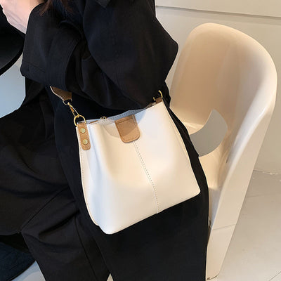 Vegan Leather Bucket Purse Wide Strap Crossbody Bag For Women