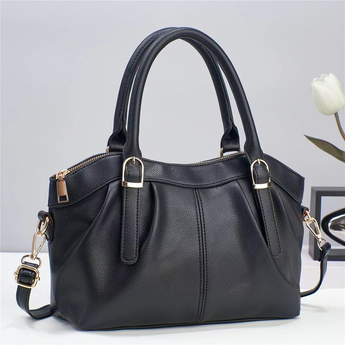 Plain Color Office Tote For Women Leather Top-Handle Bag