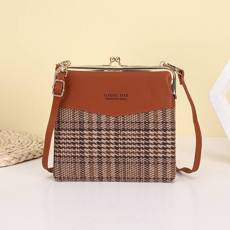 Leather Crossbody Handbag for Women Double Compartment Kiss Lock Shoulder Bag