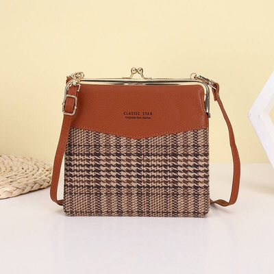 Leather Crossbody Handbag for Women Double Compartment Kiss Lock Shoulder Bag