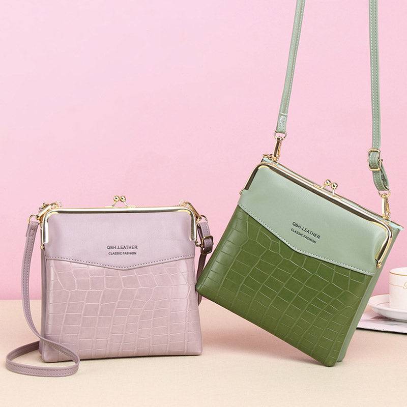 Leather Crossbody Handbag for Women Double Compartment Kiss Lock Shoulder Bag
