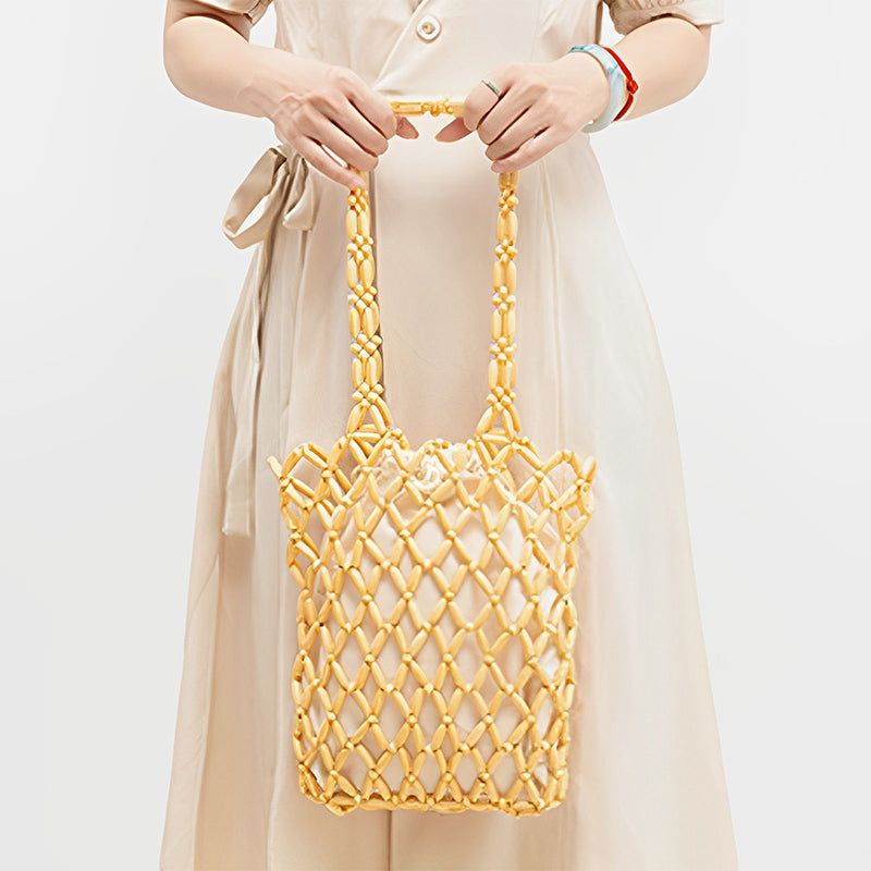 Wooden Bead Tote With Woven Lining Shoulder Bag For Women