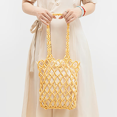 Wooden Bead Tote With Woven Lining Shoulder Bag For Women