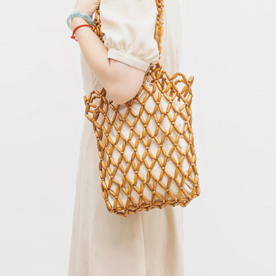 Wooden Bead Tote With Woven Lining Shoulder Bag For Women