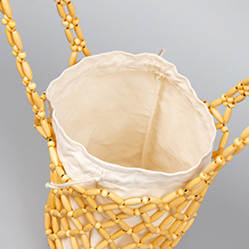 Wooden Bead Tote With Woven Lining Shoulder Bag For Women