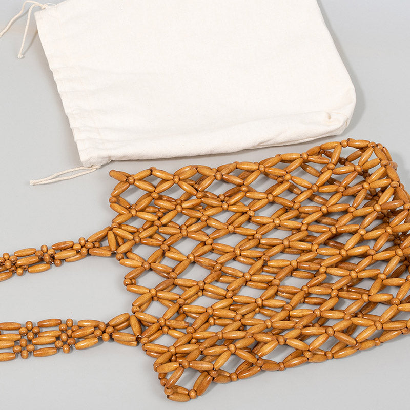 Wooden Bead Tote With Woven Lining Shoulder Bag For Women