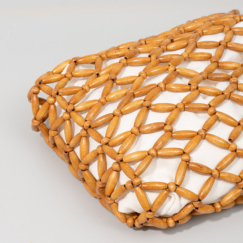 Wooden Bead Tote With Woven Lining Shoulder Bag For Women
