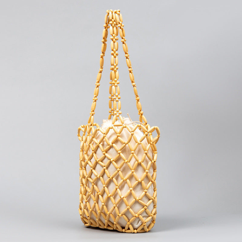 Wooden Bead Tote With Woven Lining Shoulder Bag For Women