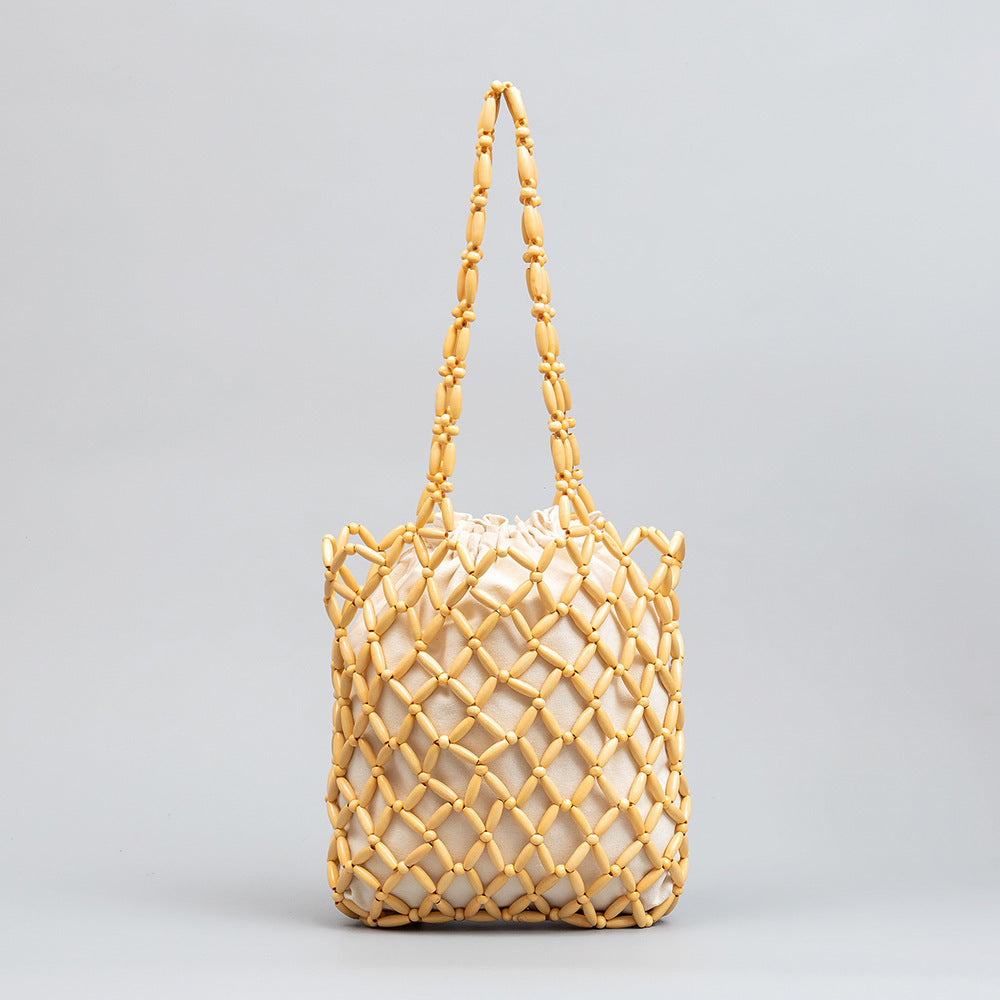 Wooden Bead Tote With Woven Lining Shoulder Bag For Women