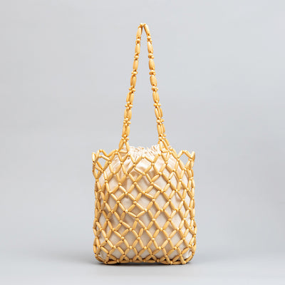 Wooden Bead Tote With Woven Lining Shoulder Bag For Women