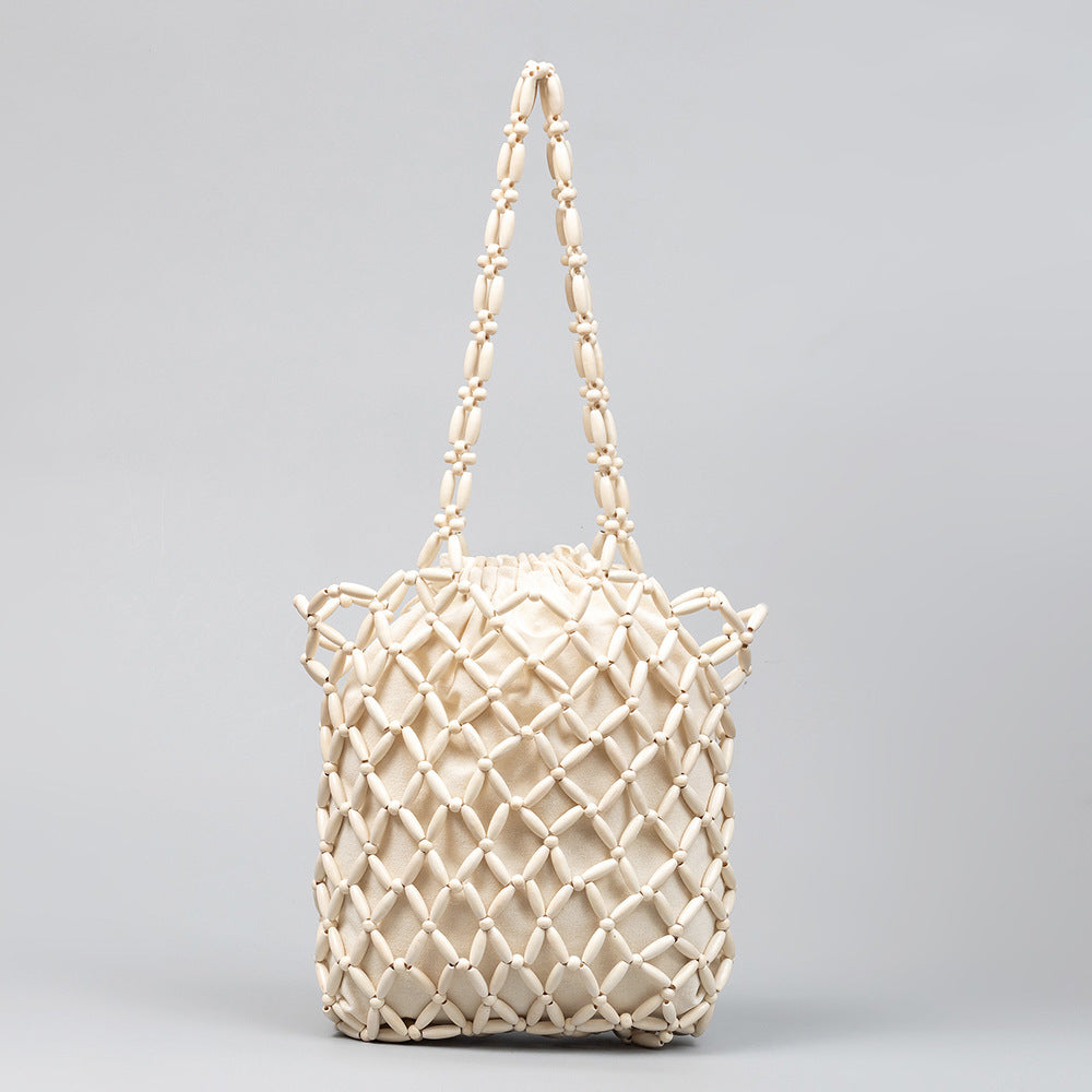 Wooden Bead Tote With Woven Lining Shoulder Bag For Women