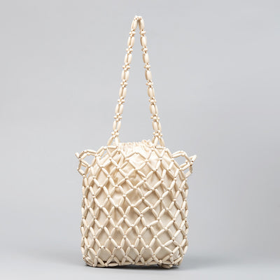 Wooden Bead Tote With Woven Lining Shoulder Bag For Women