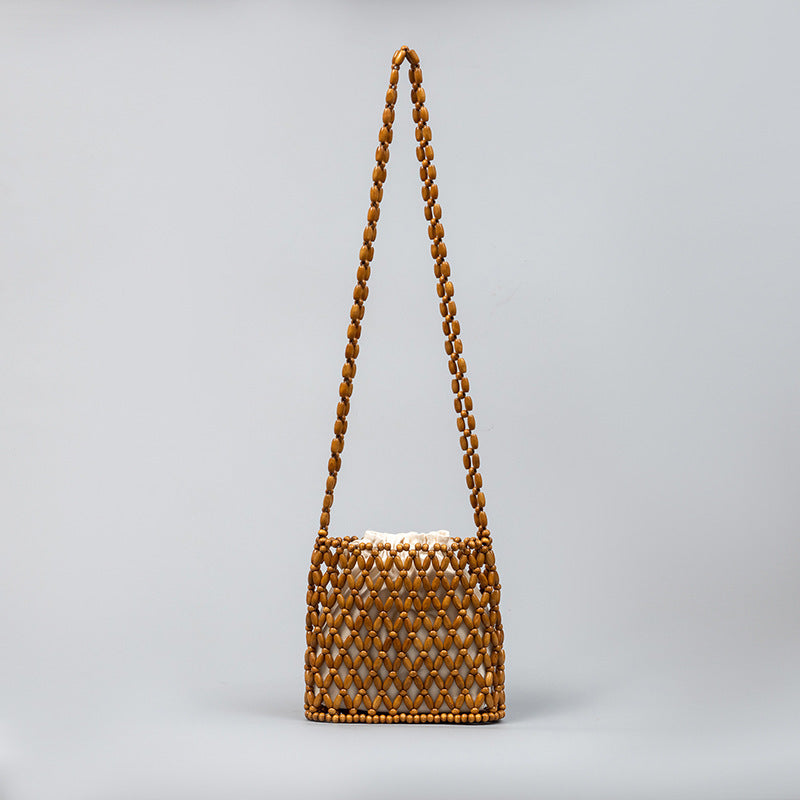 Wooden Bead Hollow Out Crossbody Bag With Drawstring Lining Purse