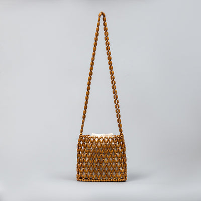 Wooden Bead Hollow Out Crossbody Bag With Drawstring Lining Purse