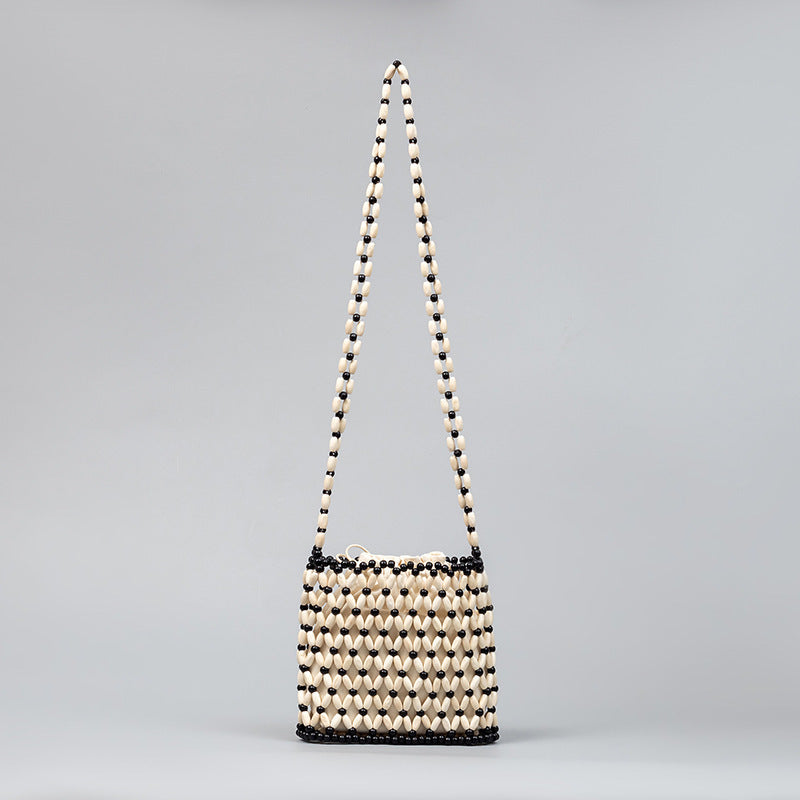 Wooden Bead Hollow Out Crossbody Bag With Drawstring Lining Purse