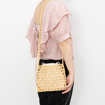 Wooden Bead Hollow Out Crossbody Bag With Drawstring Lining Purse