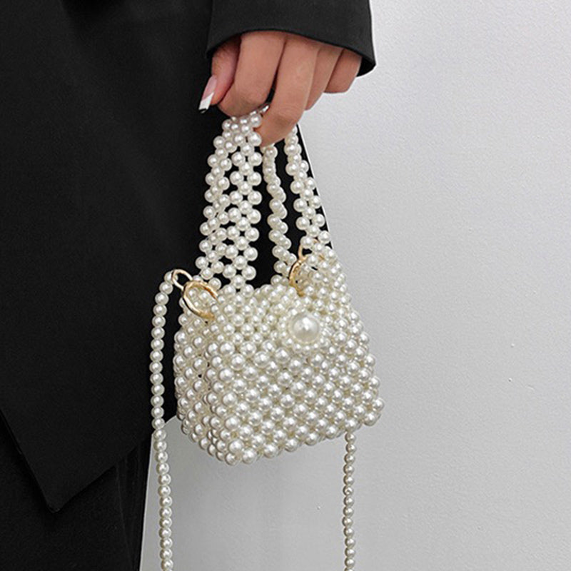Elegant Pearl Bead Bucket Purse For Women White Mini Handbag