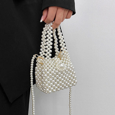 Elegant Pearl Bead Bucket Purse For Women White Mini Handbag