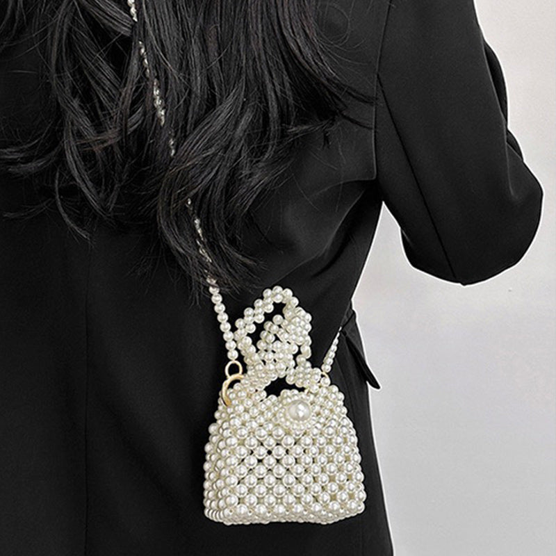 Elegant Pearl Bead Bucket Purse For Women White Mini Handbag