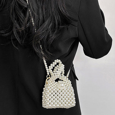 Elegant Pearl Bead Bucket Purse For Women White Mini Handbag
