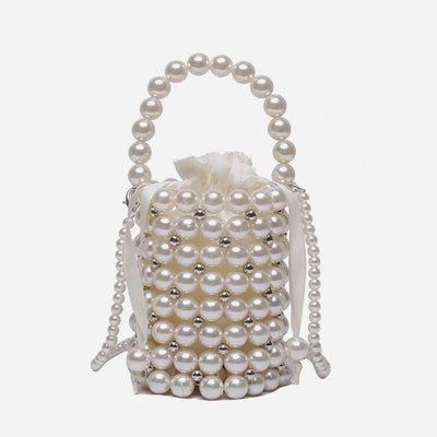 Hollowe Out Pearl Bead Bucket Bag For Women Mini Handbag