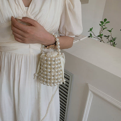 Hollowe Out Pearl Bead Bucket Bag For Women Mini Handbag