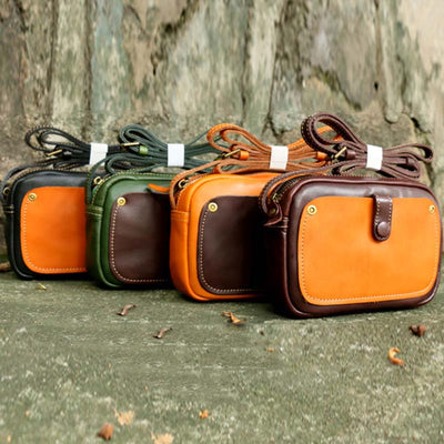 Vintage Crossbody Bag For Women Contrast Color Genuine Leather Purse