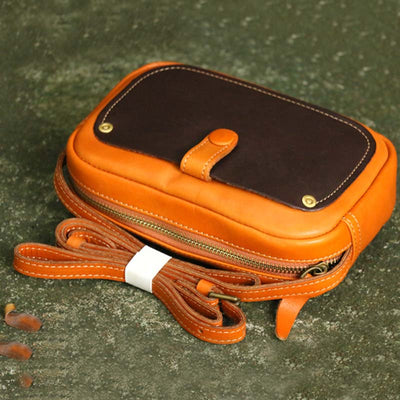 Vintage Crossbody Bag For Women Contrast Color Genuine Leather Purse