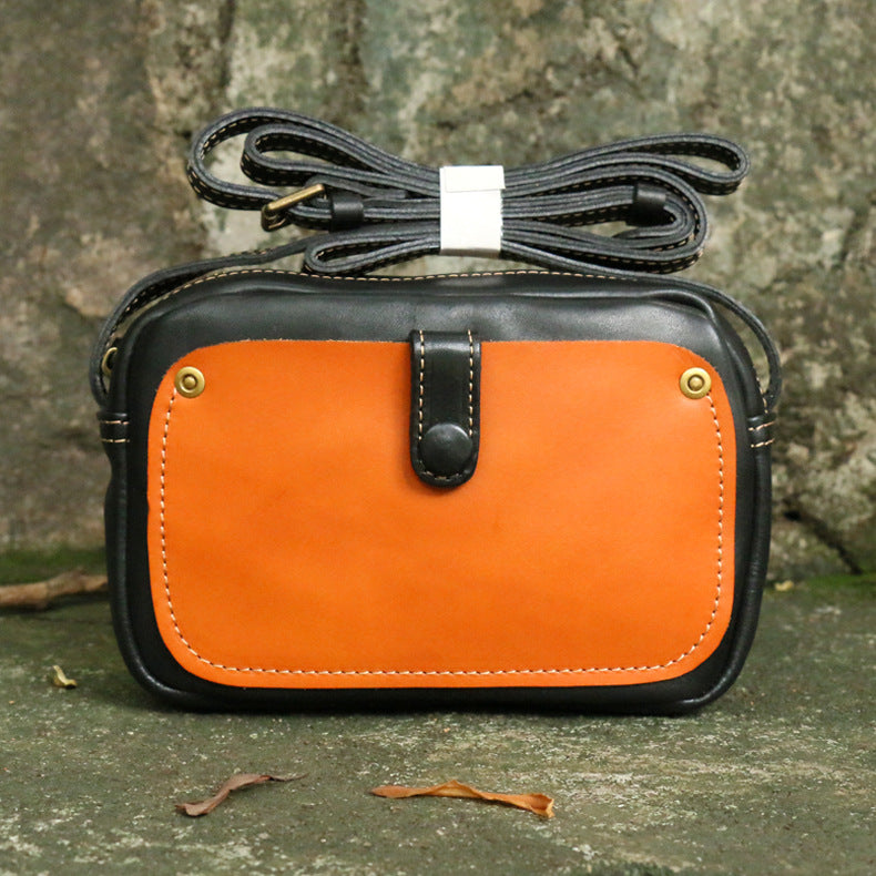 Vintage Crossbody Bag For Women Contrast Color Genuine Leather Purse
