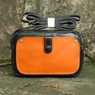 Vintage Crossbody Bag For Women Contrast Color Genuine Leather Purse