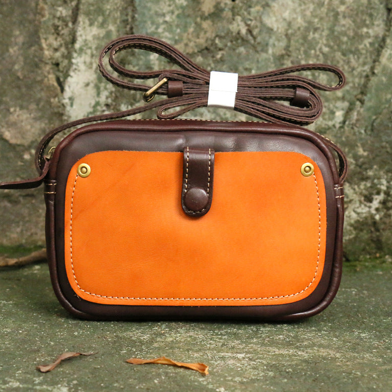 Vintage Crossbody Bag For Women Contrast Color Genuine Leather Purse