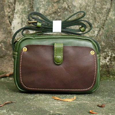 Vintage Crossbody Bag For Women Contrast Color Genuine Leather Purse