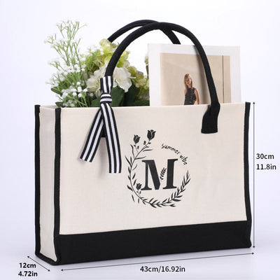 Custom Initial Floral Canvas Tote Shopping Travel Handbag