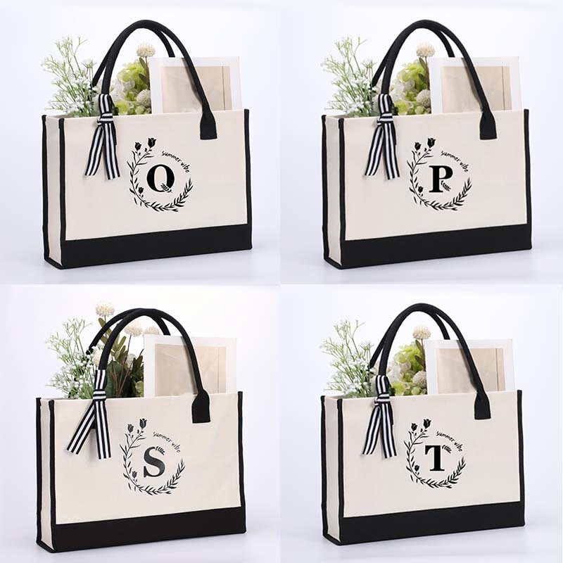 Custom Initial Floral Canvas Tote Shopping Travel Handbag