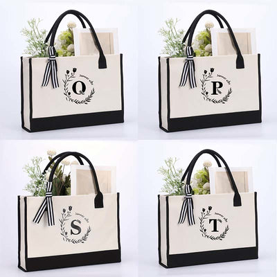 Custom Initial Floral Canvas Tote Shopping Travel Handbag